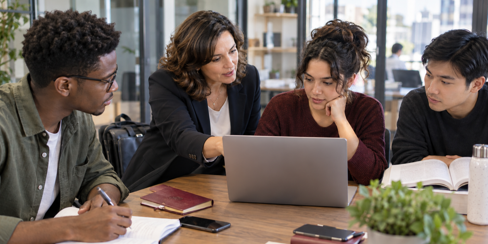 Woman in black blazer points at laptop while three colleagues take notes and listen at a shared table